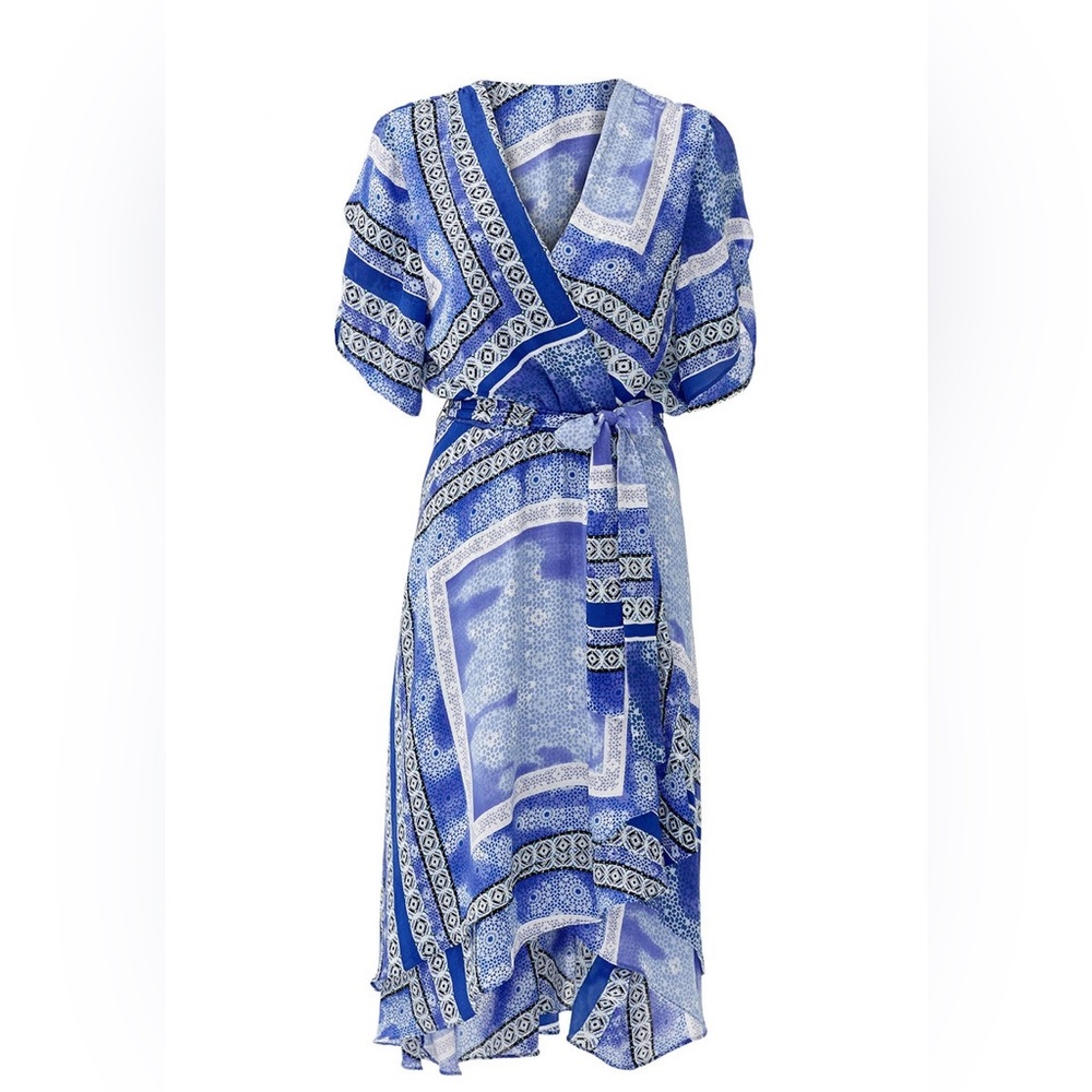 Parker Blue Panel Faux Wrap Dress XS RTR Belt Chiffon V Neck Lined Short Sleeve